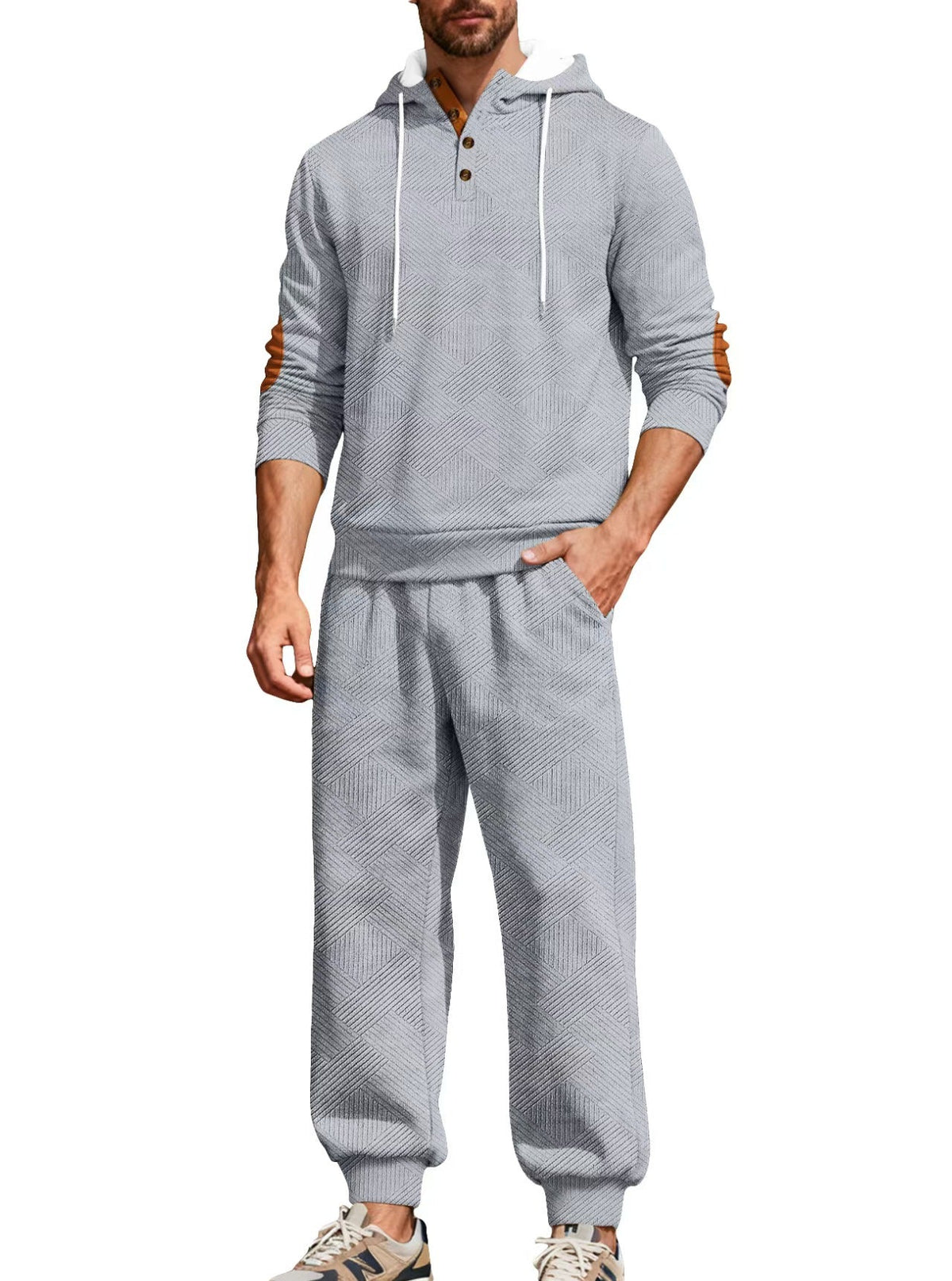 Men’s Textured Hooded Two-Piece Set – Button Neck & Jogger Pants