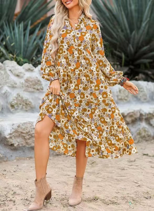 Vintage Floral Collared Shirt Midi Dress