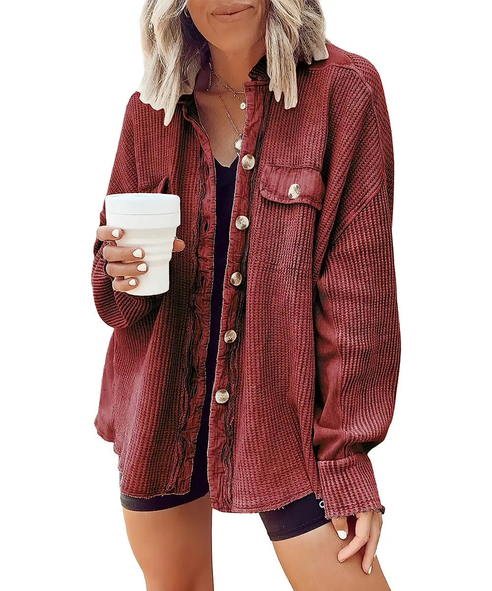 Casual Waffle Knit Lapel Collar Oversized Shacket For Daily Wear