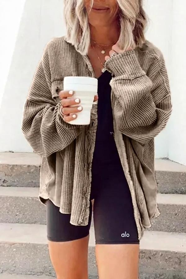 Casual Waffle Knit Lapel Collar Oversized Shacket For Daily Wear