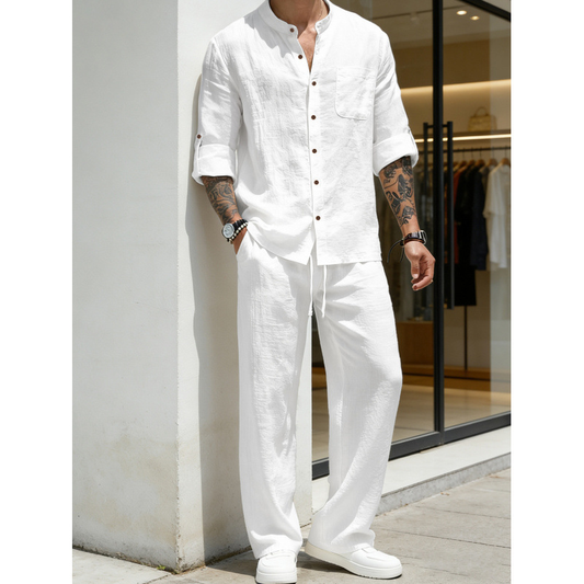 Men’s Relaxed Two-Piece Set – Band-Collar Shirt & Drawstring Pants