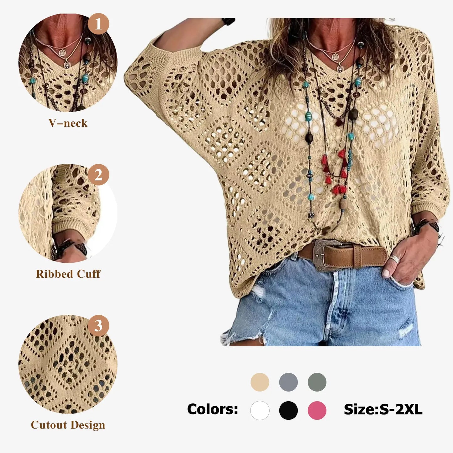 Fisoew Women's Bohemian Crochet Top V-Neck Light Summer Wear