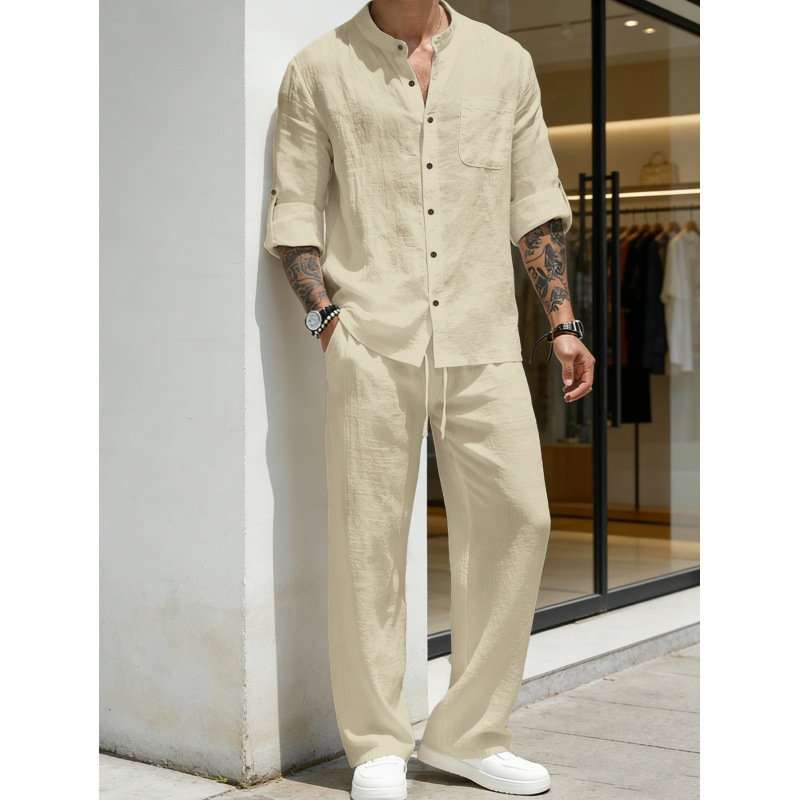 Men’s Relaxed Two-Piece Set – Band-Collar Shirt & Drawstring Pants