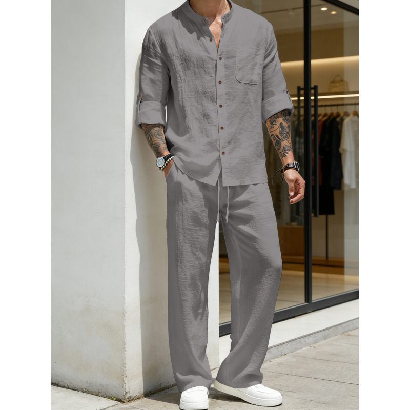 Men’s Relaxed Two-Piece Set – Band-Collar Shirt & Drawstring Pants
