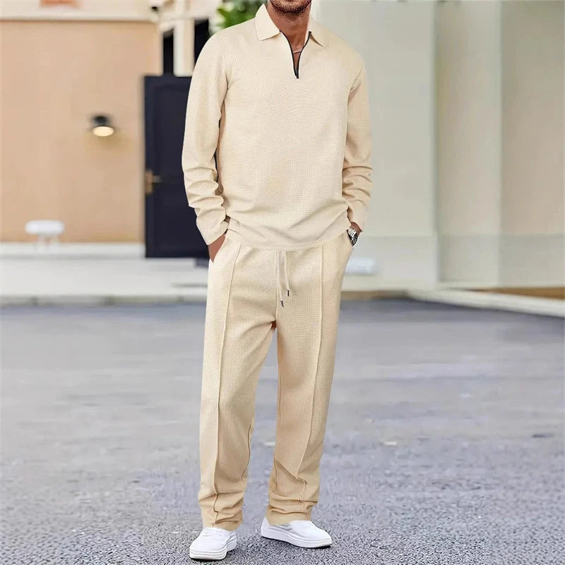 Mavkilo™Waffle Knit Quarter Zip Lounge Set