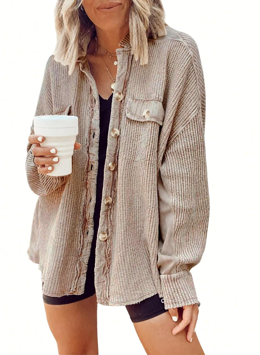 Casual Waffle Knit Lapel Collar Oversized Shacket For Daily Wear
