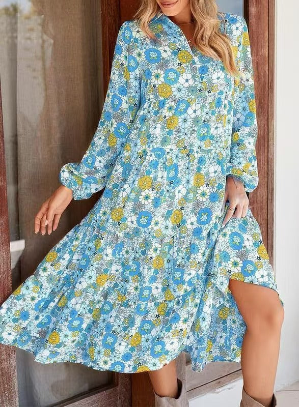 Vintage Floral Collared Shirt Midi Dress