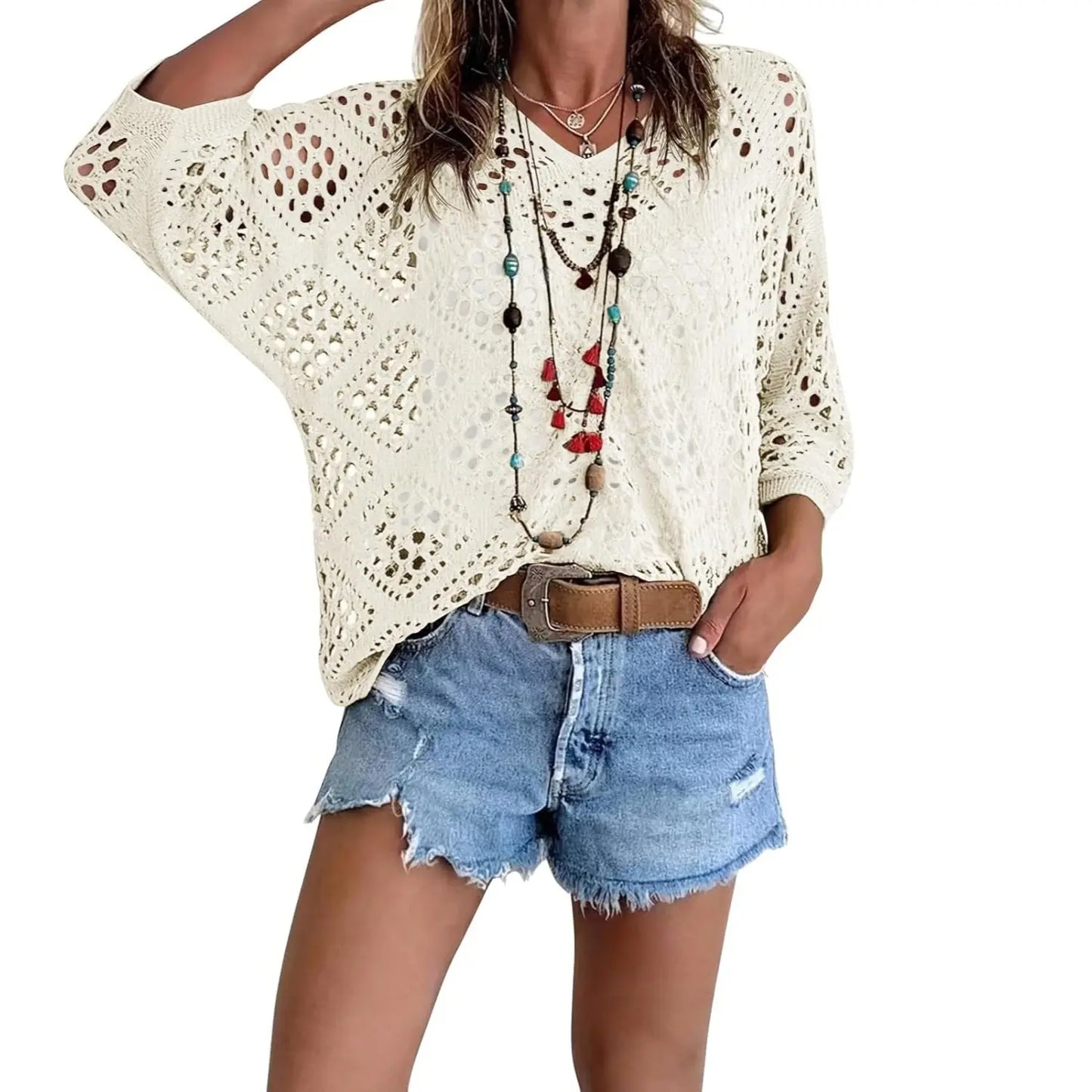Fisoew Women's Bohemian Crochet Top V-Neck Light Summer Wear