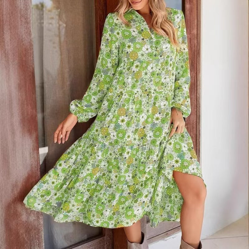 Vintage Floral Collared Shirt Midi Dress