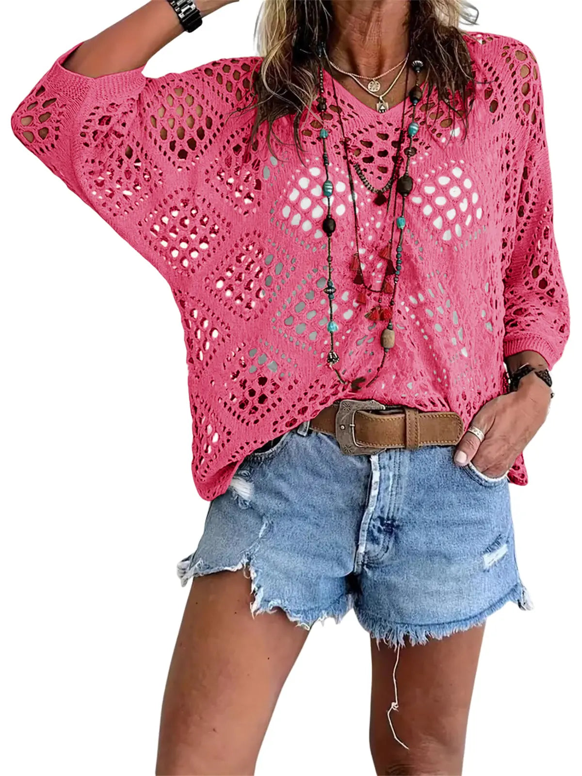 Fisoew Women's Bohemian Crochet Top V-Neck Light Summer Wear