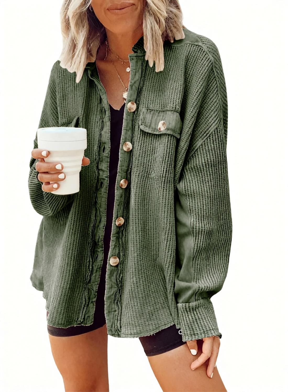 Casual Waffle Knit Lapel Collar Oversized Shacket For Daily Wear