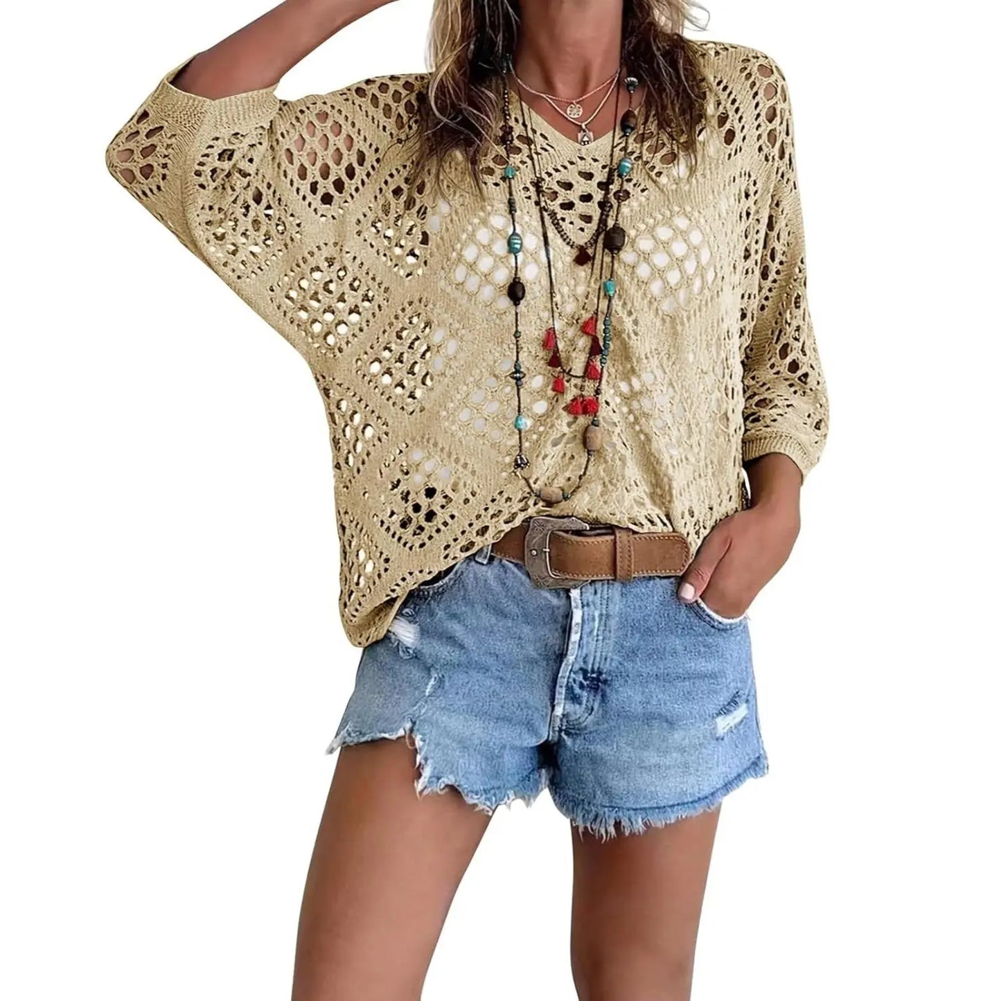 Fisoew Women's Bohemian Crochet Top V-Neck Light Summer Wear