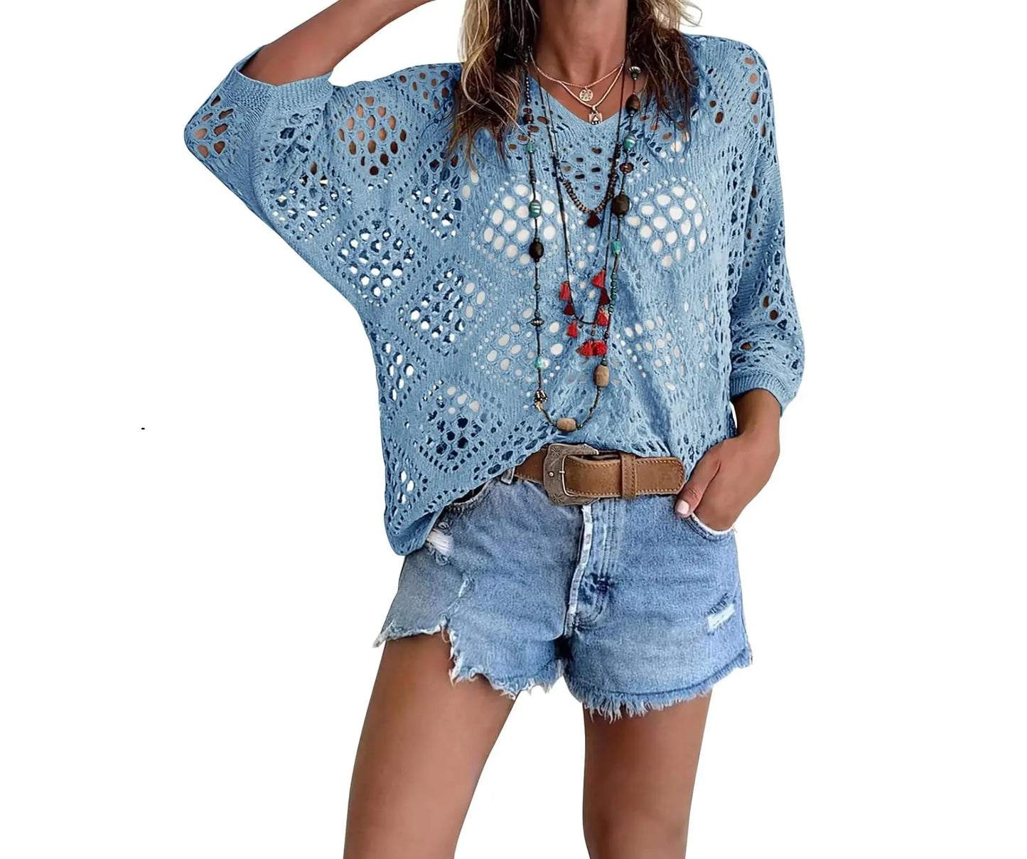 Fisoew Women's Bohemian Crochet Top V-Neck Light Summer Wear