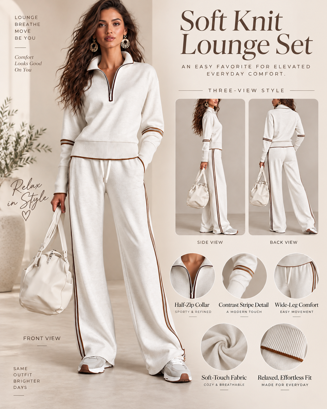 Women’s Half-Zip Two-Piece Set – Contrast Trim &amp; Wide-Leg Pants