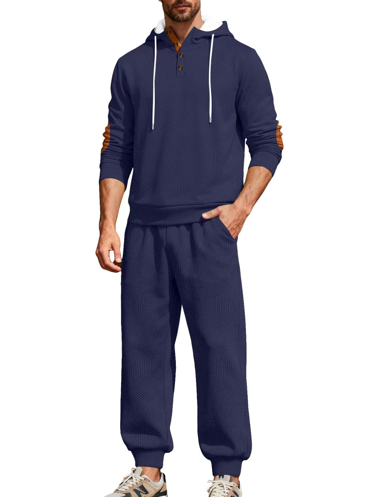 Men’s Textured Hooded Two-Piece Set – Button Neck & Jogger Pants