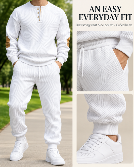 Men’s Textured Hooded Two-Piece Set – Button Neck & Jogger Pants