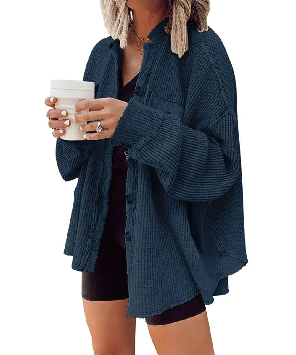 Casual Waffle Knit Lapel Collar Oversized Shacket For Daily Wear
