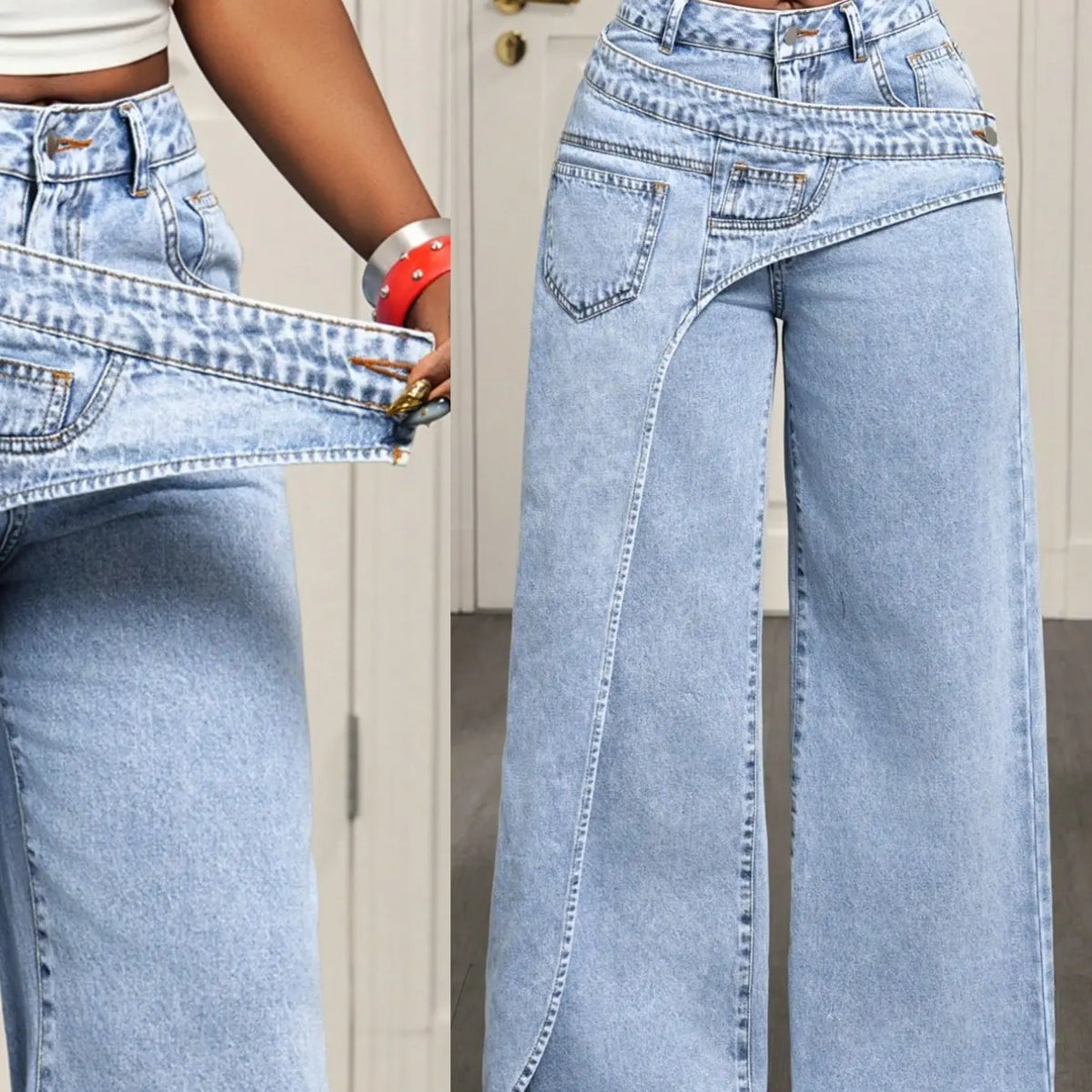 Women’s High-Waisted Wide-Leg Jeans – Asymmetric Wrap Detail