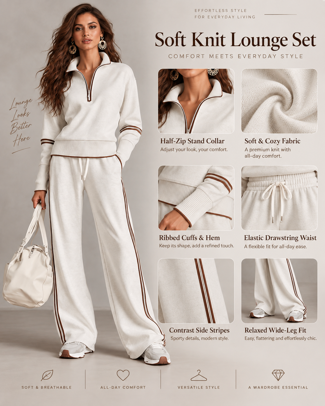 Women’s Half-Zip Two-Piece Set – Contrast Trim &amp; Wide-Leg Pants