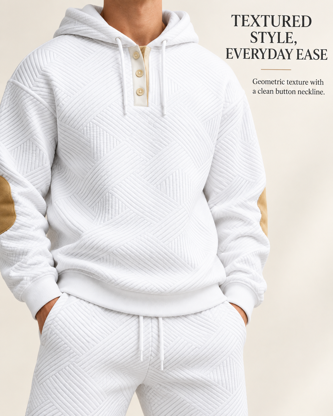 Men’s Textured Hooded Two-Piece Set – Button Neck & Jogger Pants
