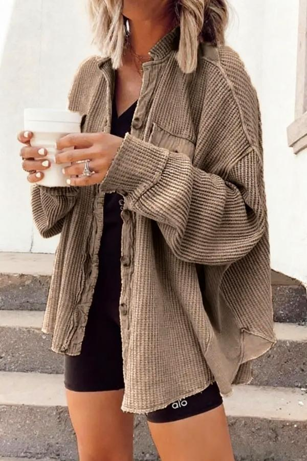 Casual Waffle Knit Lapel Collar Oversized Shacket For Daily Wear