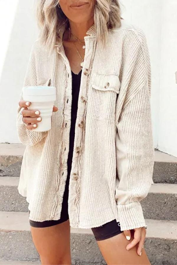 Casual Waffle Knit Lapel Collar Oversized Shacket For Daily Wear