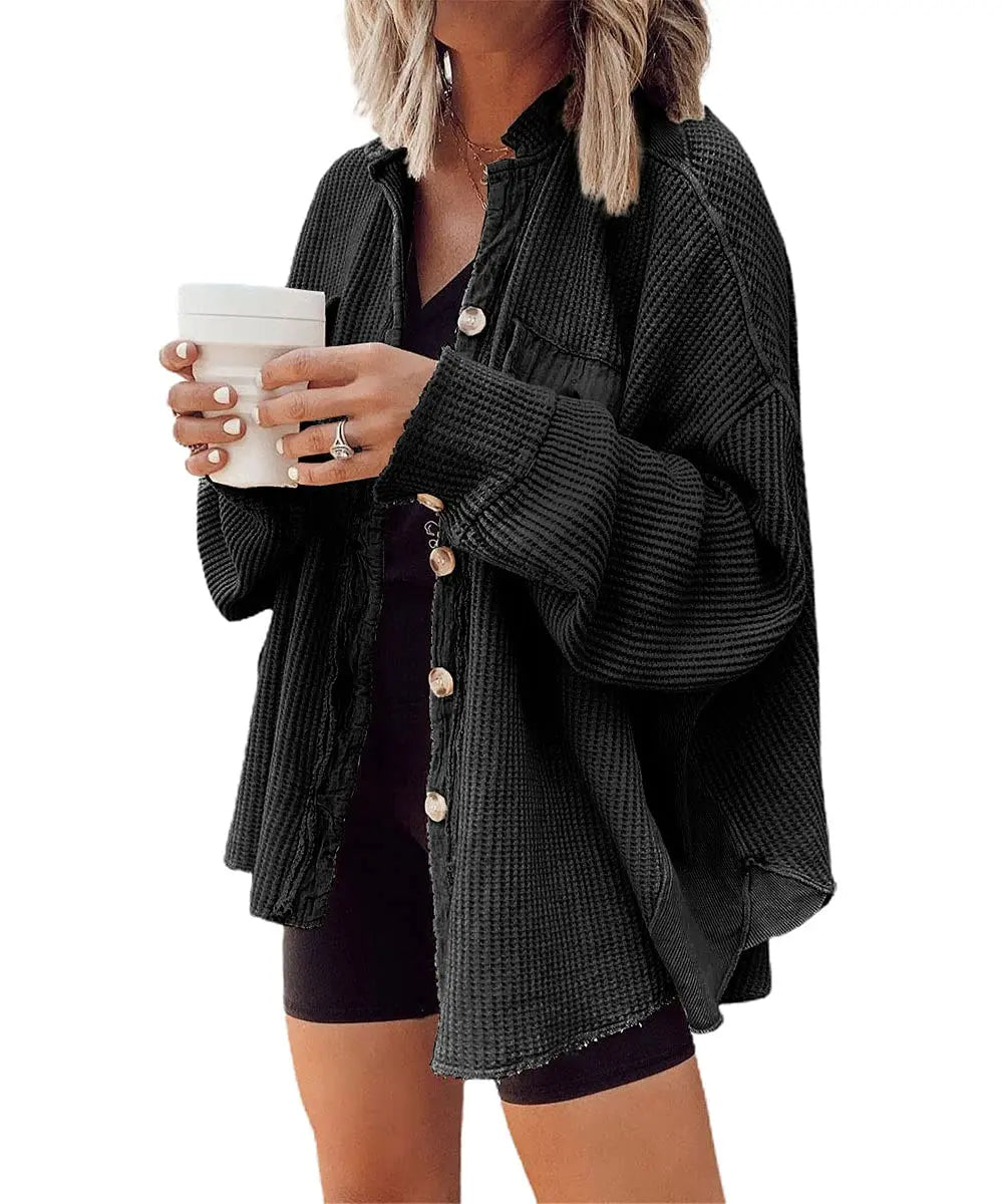 Casual Waffle Knit Lapel Collar Oversized Shacket For Daily Wear