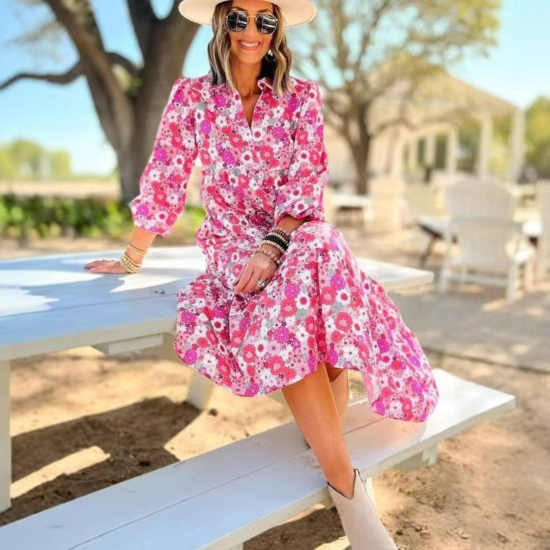Vintage Floral Collared Shirt Midi Dress