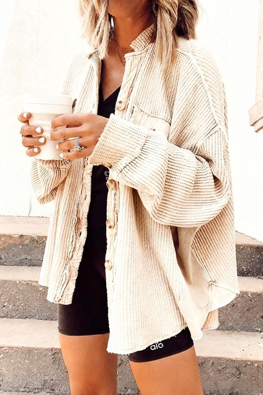 Casual Waffle Knit Lapel Collar Oversized Shacket For Daily Wear