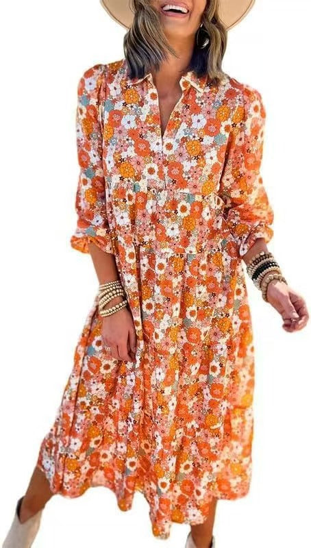 Vintage Floral Collared Shirt Midi Dress