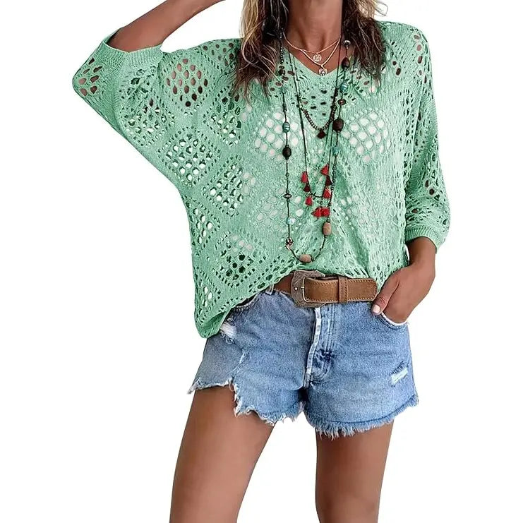 Fisoew Women's Bohemian Crochet Top V-Neck Light Summer Wear