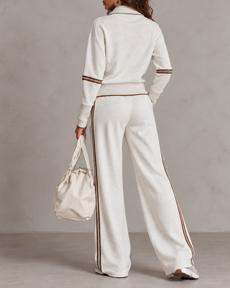 Women’s Half-Zip Two-Piece Set – Contrast Trim &amp; Wide-Leg Pants