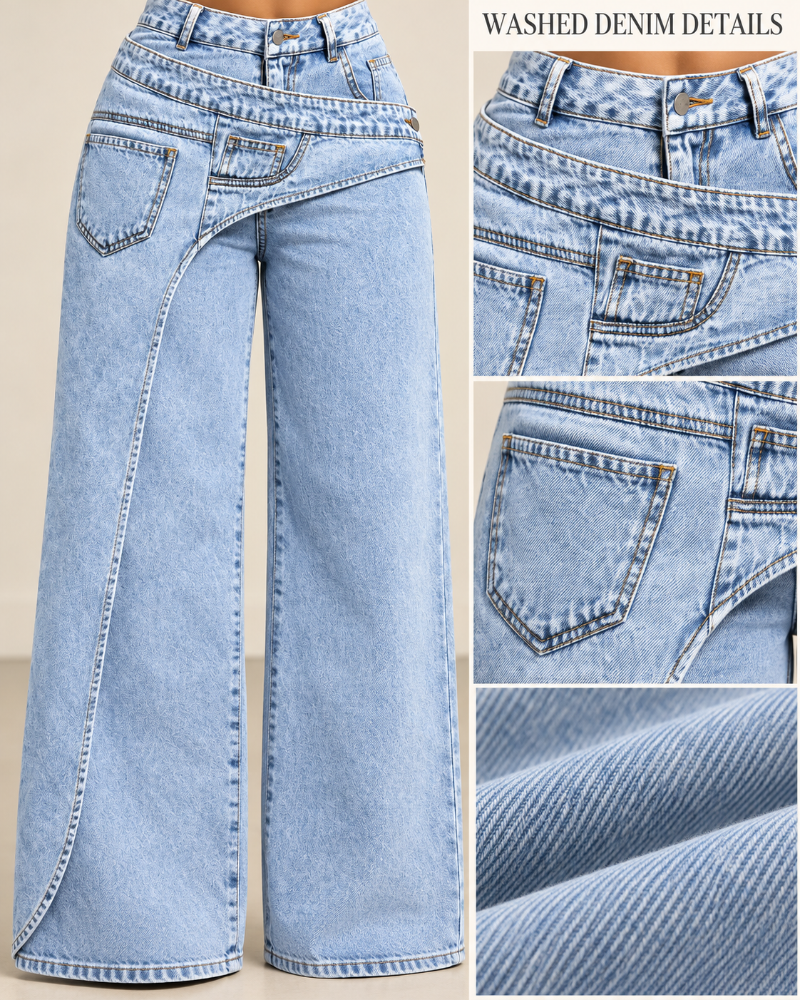 Women’s High-Waisted Wide-Leg Jeans – Asymmetric Wrap Detail