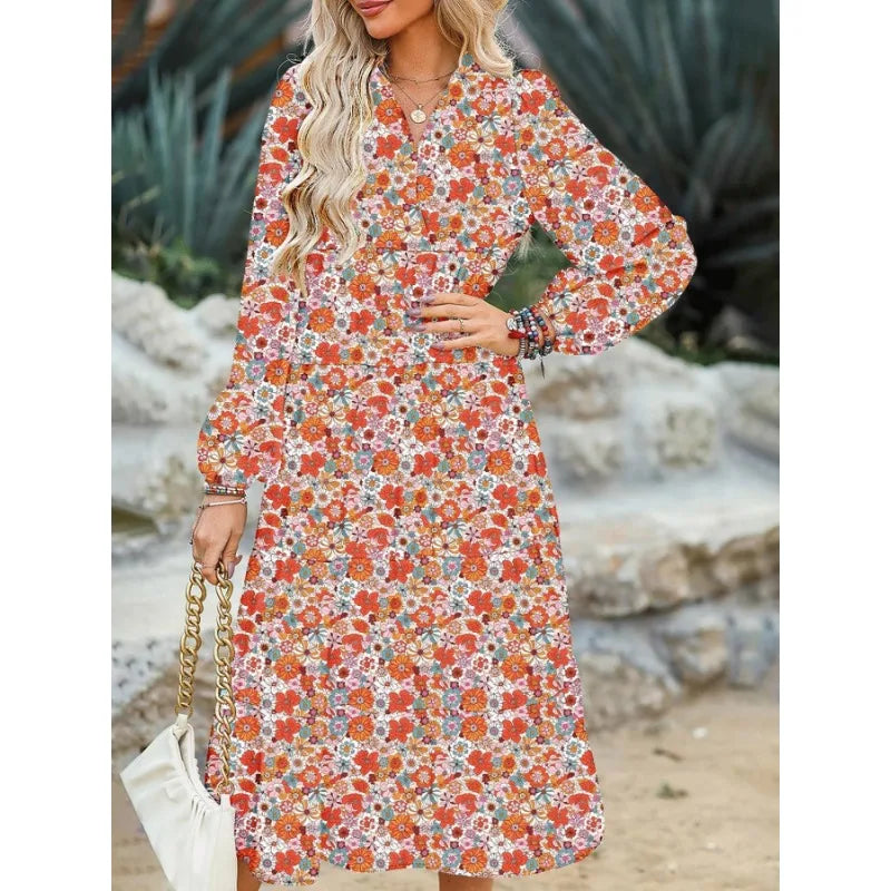 Vintage Floral Collared Shirt Midi Dress