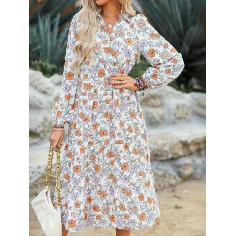 Vintage Floral Collared Shirt Midi Dress