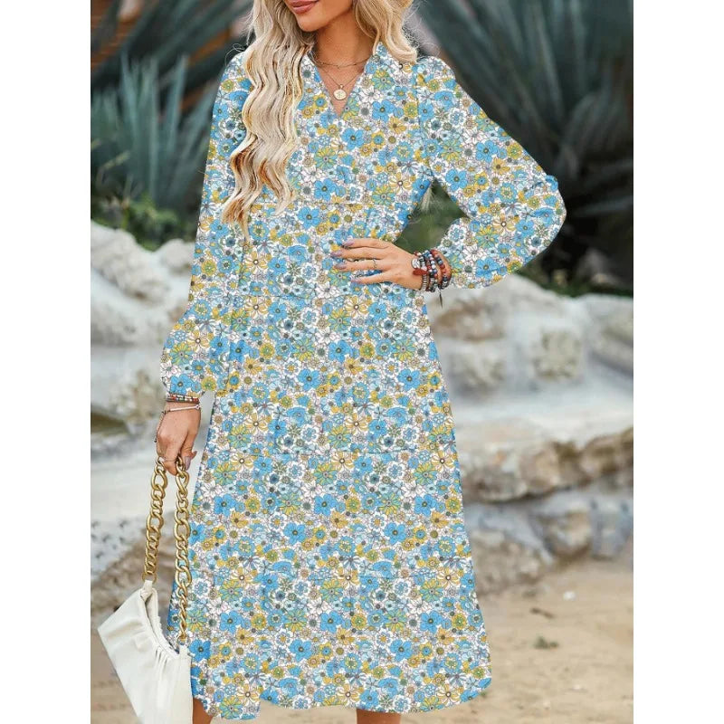 Vintage Floral Collared Shirt Midi Dress
