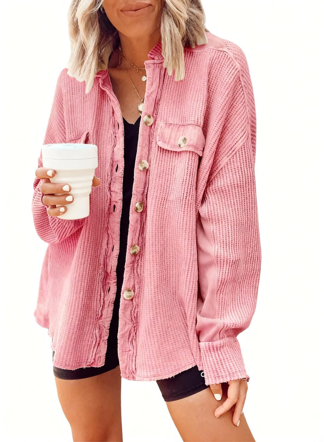 Casual Waffle Knit Lapel Collar Oversized Shacket For Daily Wear