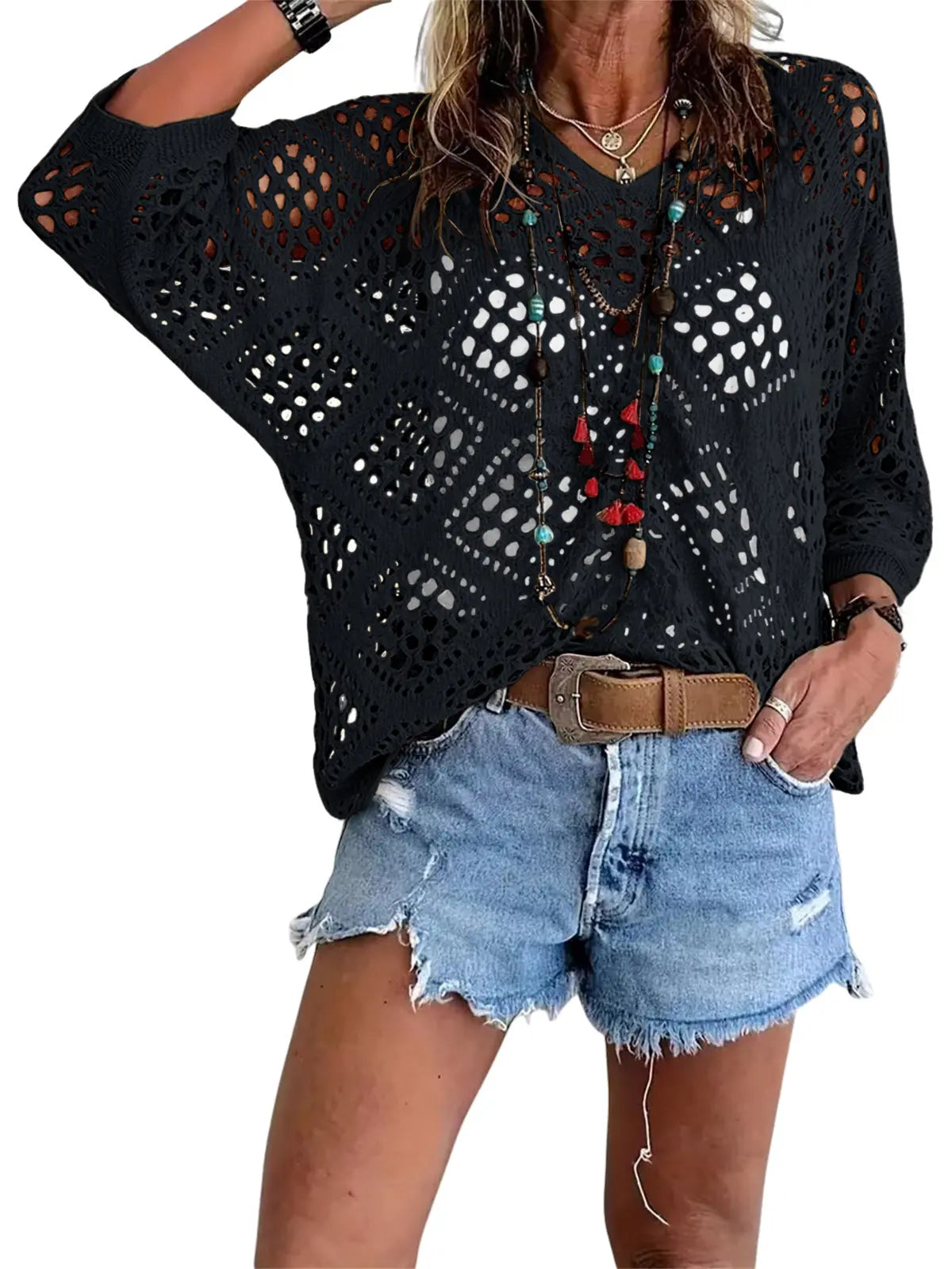Fisoew Women's Bohemian Crochet Top V-Neck Light Summer Wear