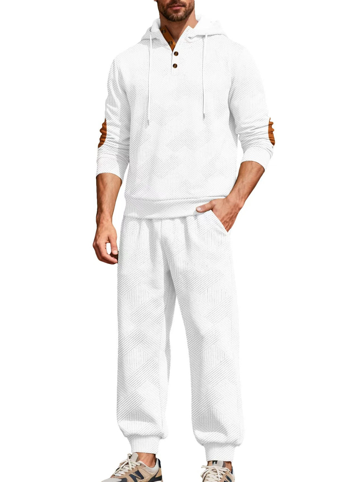 Men’s Textured Hooded Two-Piece Set – Button Neck & Jogger Pants