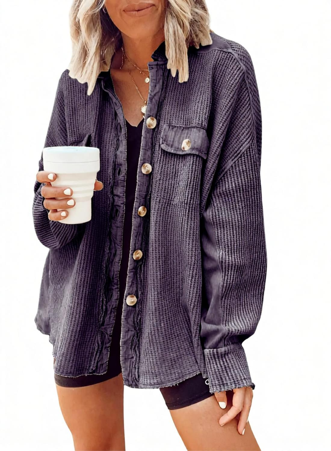 Casual Waffle Knit Lapel Collar Oversized Shacket For Daily Wear