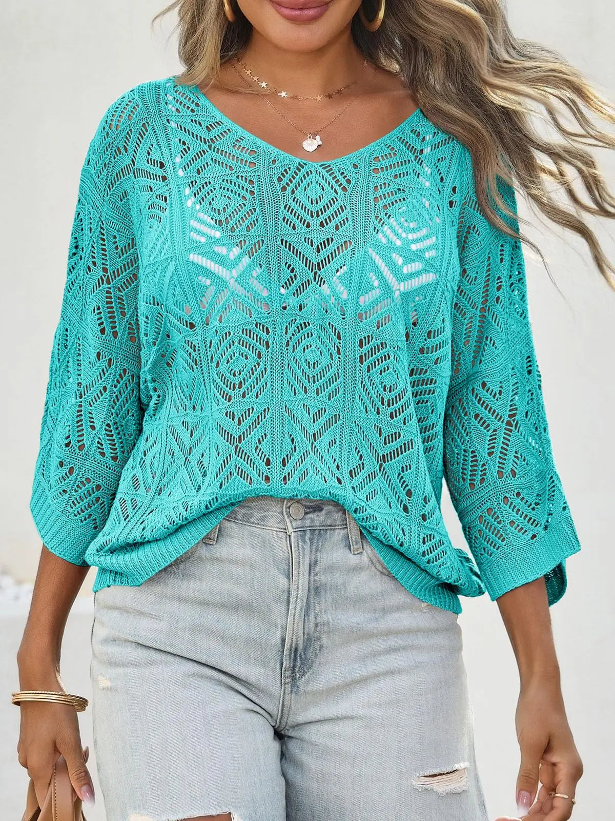 Fisoew Women's Bohemian Crochet Top V-Neck Light Summer Wear