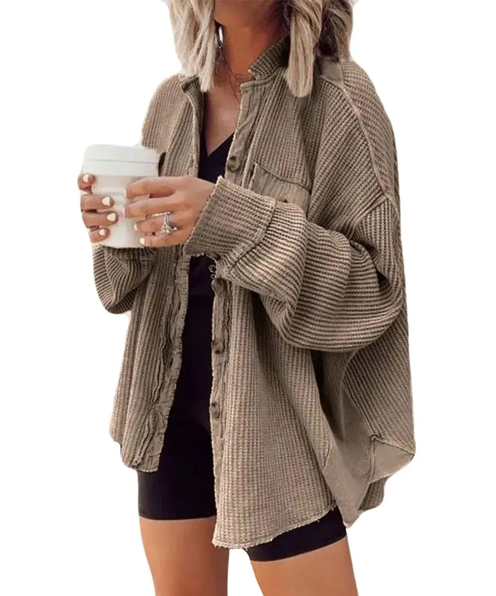 Casual Waffle Knit Lapel Collar Oversized Shacket For Daily Wear