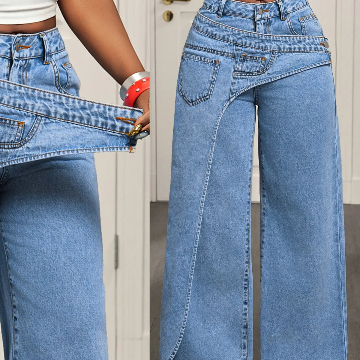 Women’s High-Waisted Wide-Leg Jeans – Asymmetric Wrap Detail
