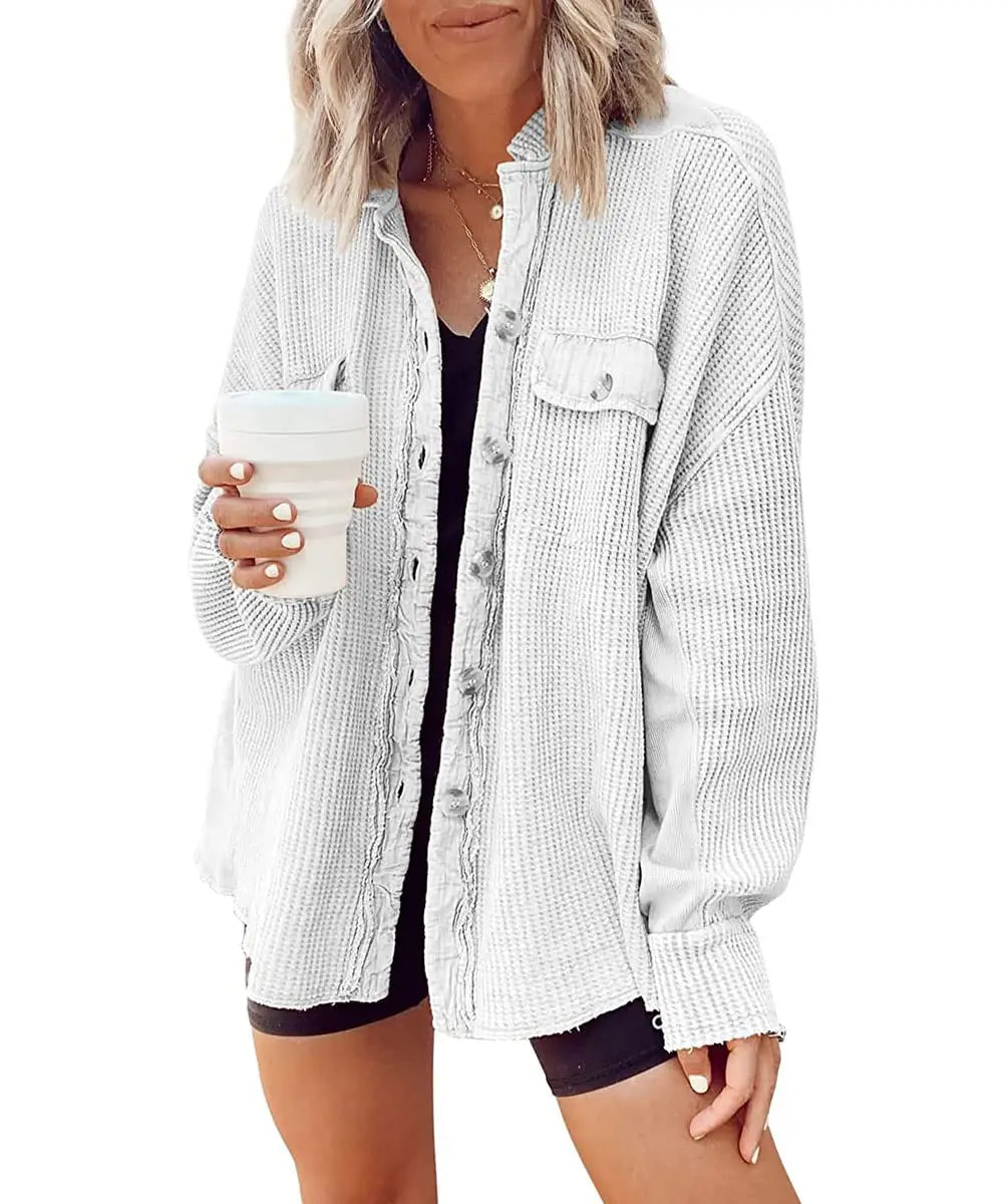 Casual Waffle Knit Lapel Collar Oversized Shacket For Daily Wear